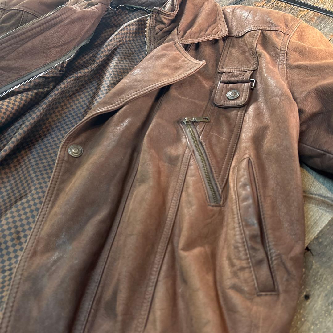古着　本革　レザーボンバージャケット　ブラウン　2XL 短丈　A2変形　ダブル