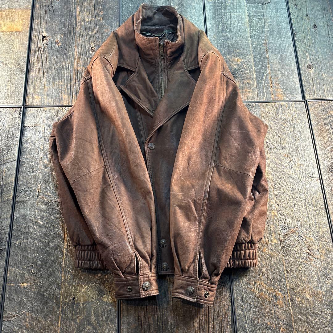 古着　本革　レザーボンバージャケット　ブラウン　2XL 短丈　A2変形　ダブル