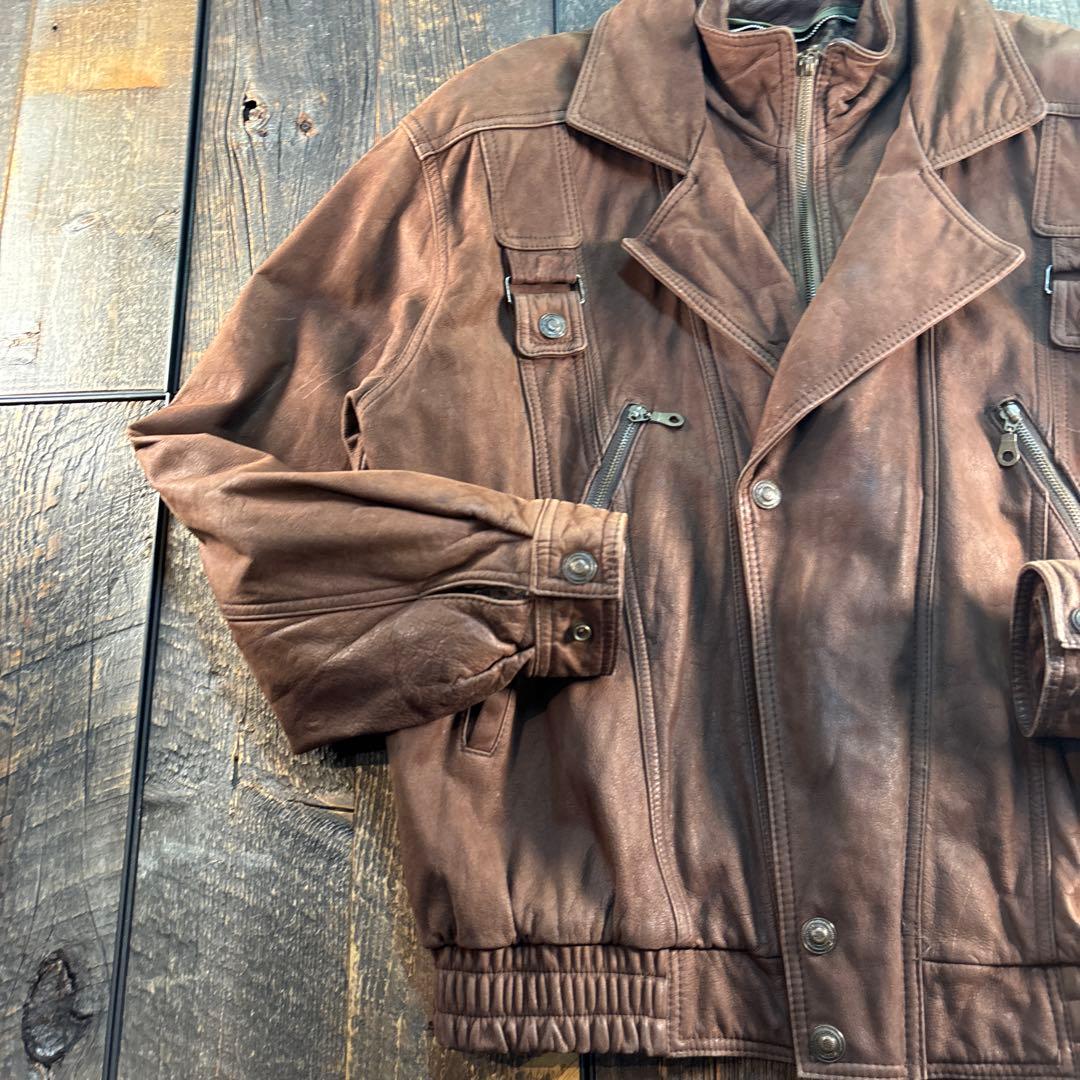 古着　本革　レザーボンバージャケット　ブラウン　2XL 短丈　A2変形　ダブル