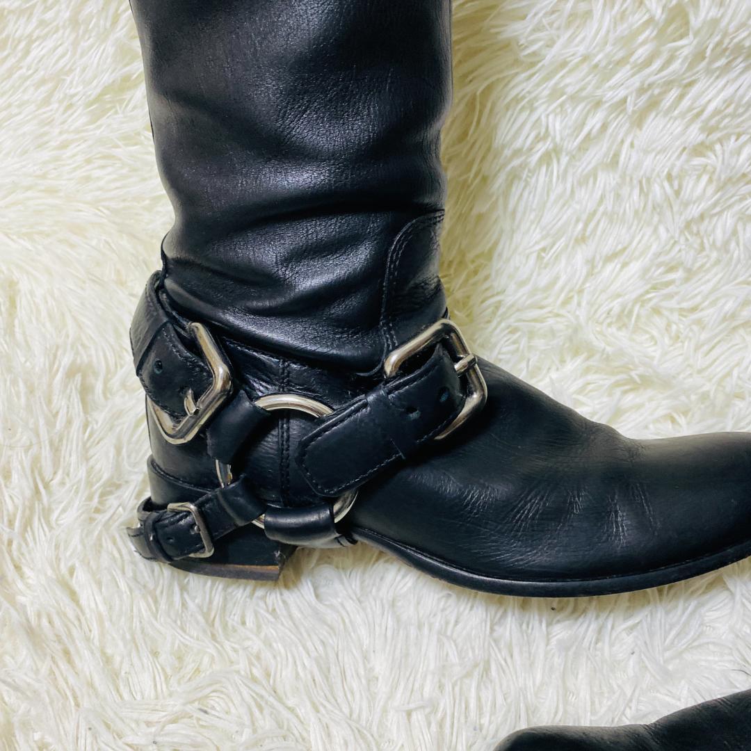 ミュウミュウ MIUMIU バックル付き 黒 レザー ロングブーツ 24cm