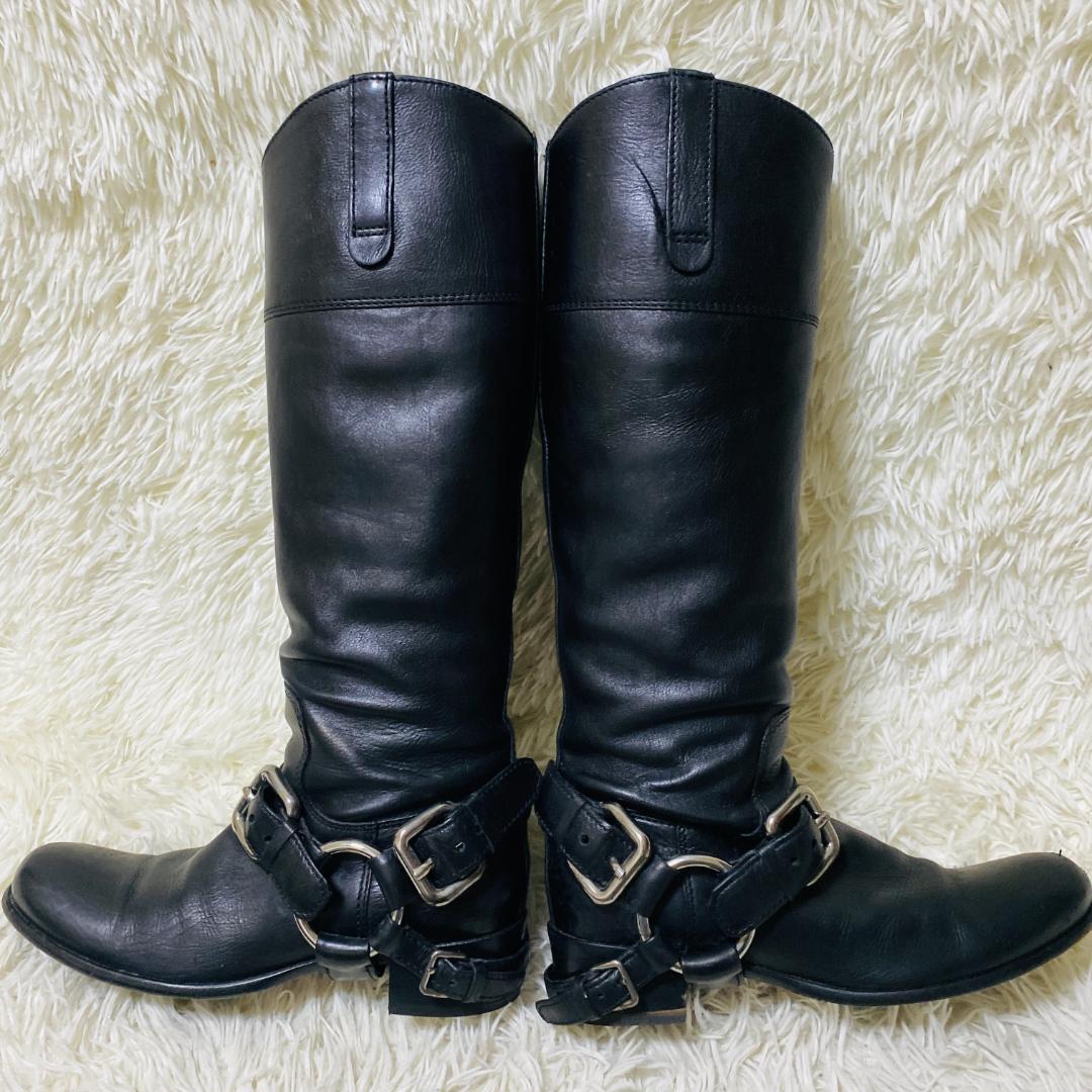 ミュウミュウ MIUMIU バックル付き 黒 レザー ロングブーツ 24cm