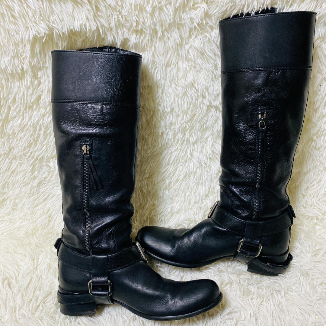 ミュウミュウ MIUMIU バックル付き 黒 レザー ロングブーツ 24cm