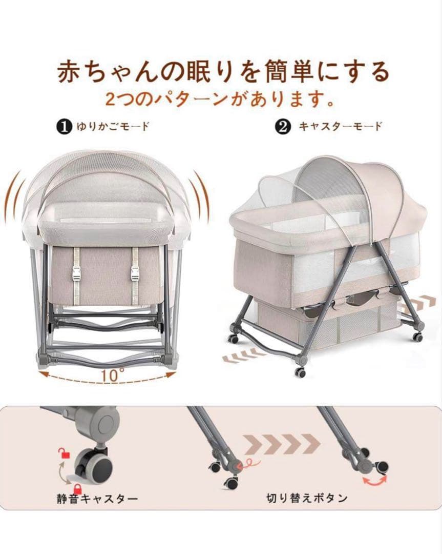 【ほぼ未使用】ベビーベッド 折りたたみ キャスター付き ゆりかご