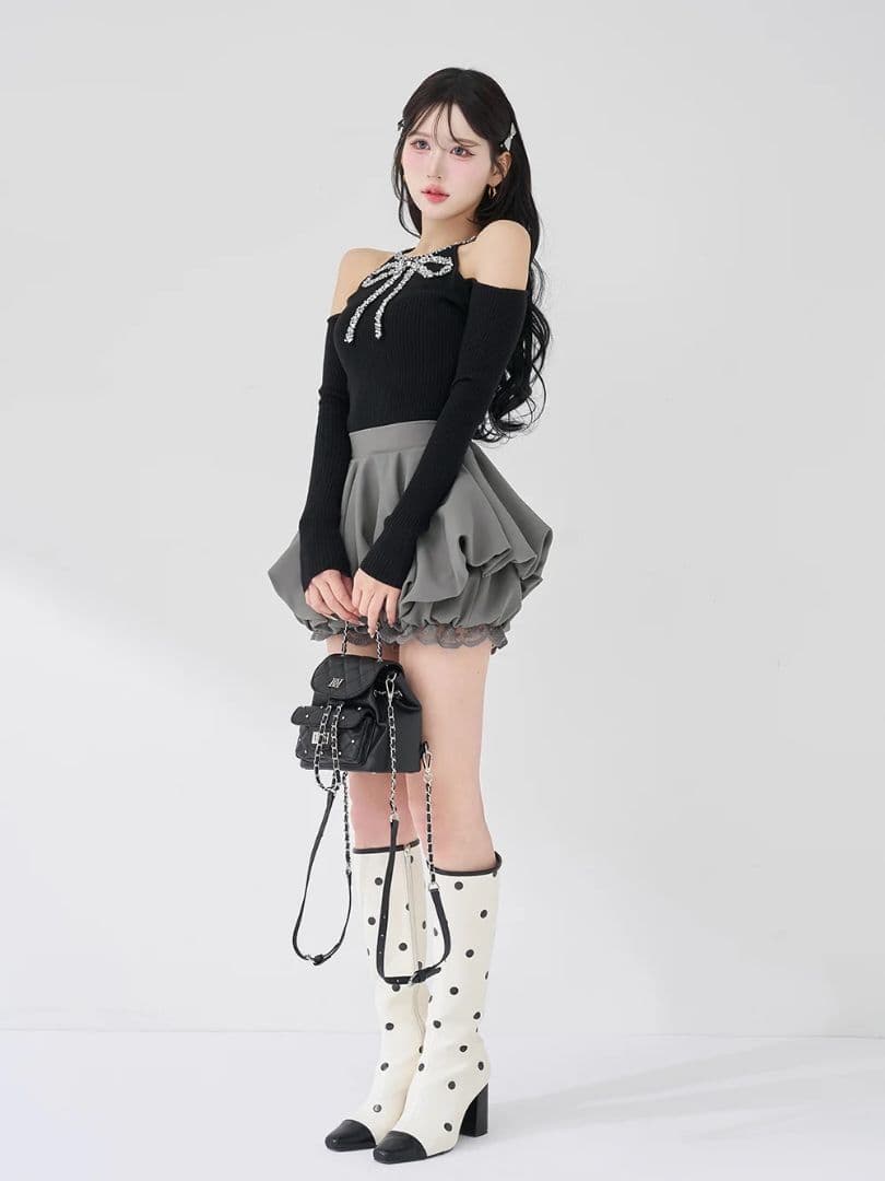 Darich ダーリッチ リボンビジューアメスリニットトップス BLK