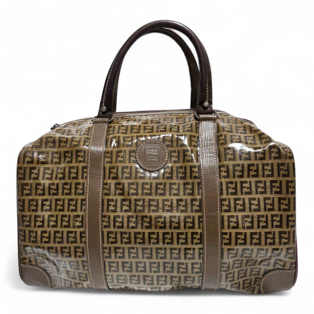 FENDI ズッカ柄 ボストンバッグ エナメル ブラウン