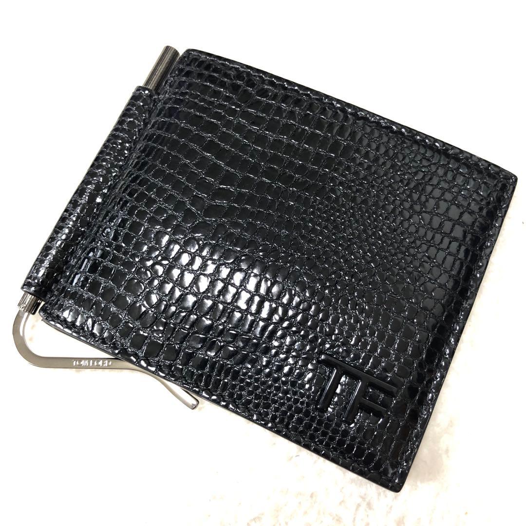 新品未使用　トムフォード　マネークリップ　クロコ型押し　TFロゴ　レザー　黒