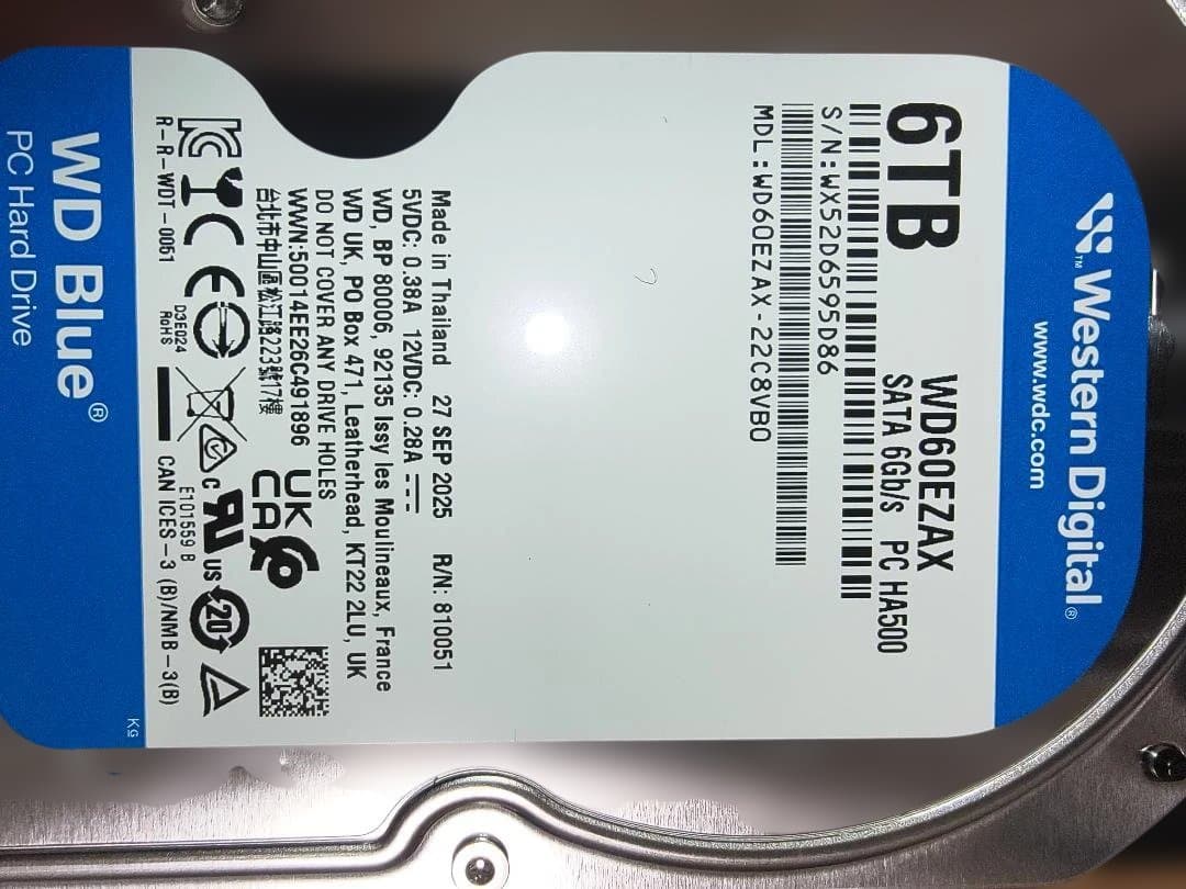 ほぼ新品 WD60EZAX 6TB 3.5インチ内蔵HDD 使用時間0時間