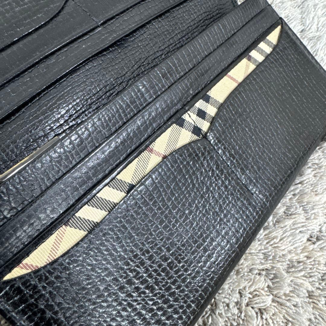 美品 BURBERRY バーバリー シボレザー ブラック 長財布 内ノバチェック
