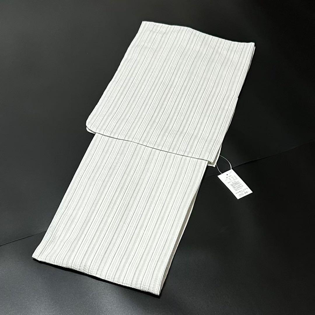 古典しじら織　浴衣　綿　粋な夏着物　縞柄　献上帯 半幅帯白　2点　0820⑨