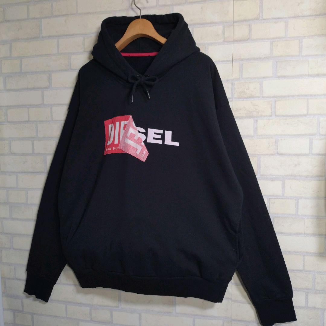 ディーゼル★DIESEL ビッグロゴ プルオーバー パーカー 黒 XL