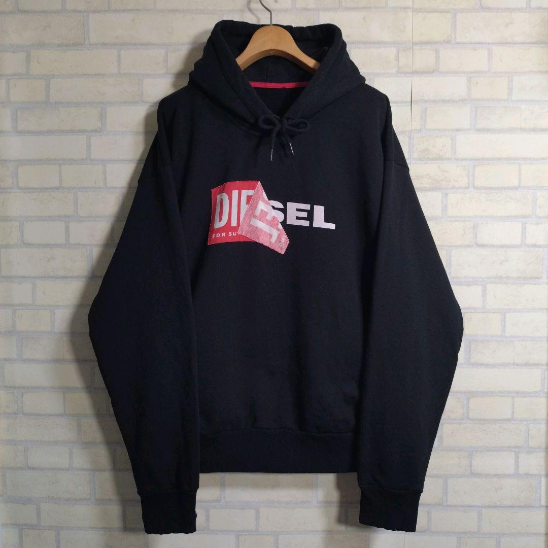 ディーゼル★DIESEL ビッグロゴ プルオーバー パーカー 黒 XL