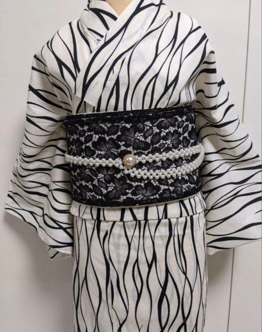 ゆかた Lサイズと、浴衣ようパール帯締めのセット ホワイト✖ブラック