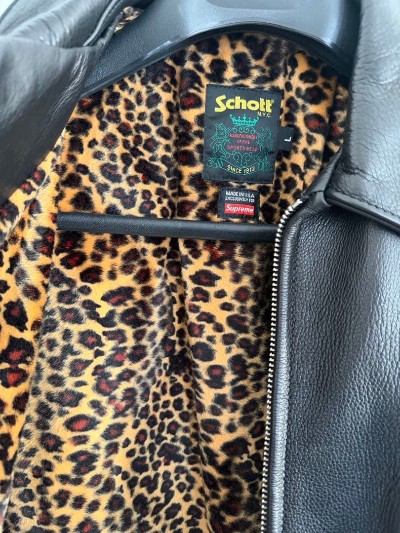 supreme Schott 黒 レザージャケット ヒョウ柄裏地
