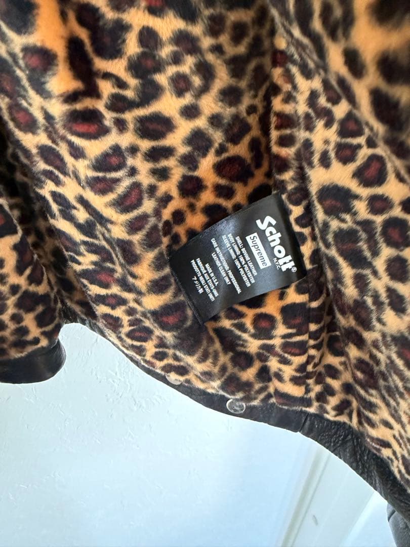 supreme Schott 黒 レザージャケット ヒョウ柄裏地
