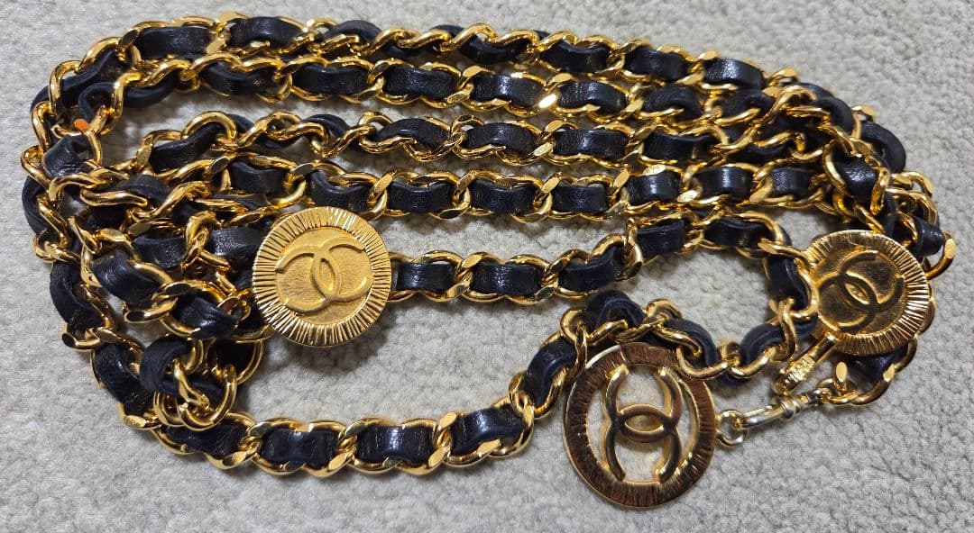 CHANEL シャネル ブラック ゴールド 3連 チェーンベルト レザーベルト