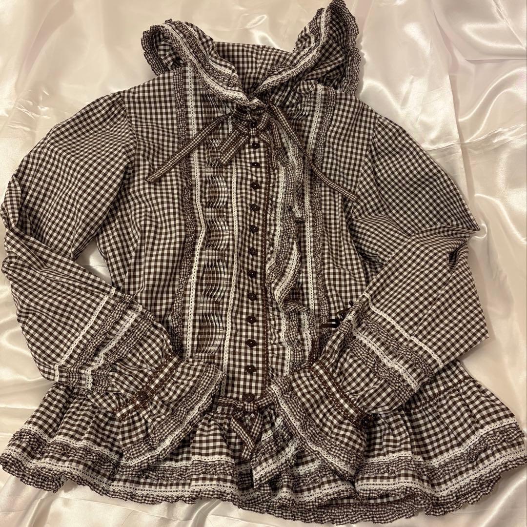 ピンクハウス フード付きチェックオーバーブラウス