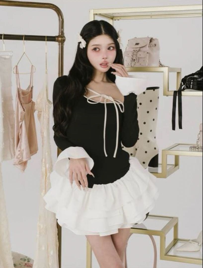 デザインネックリボンミニワンピース FREE / BLK