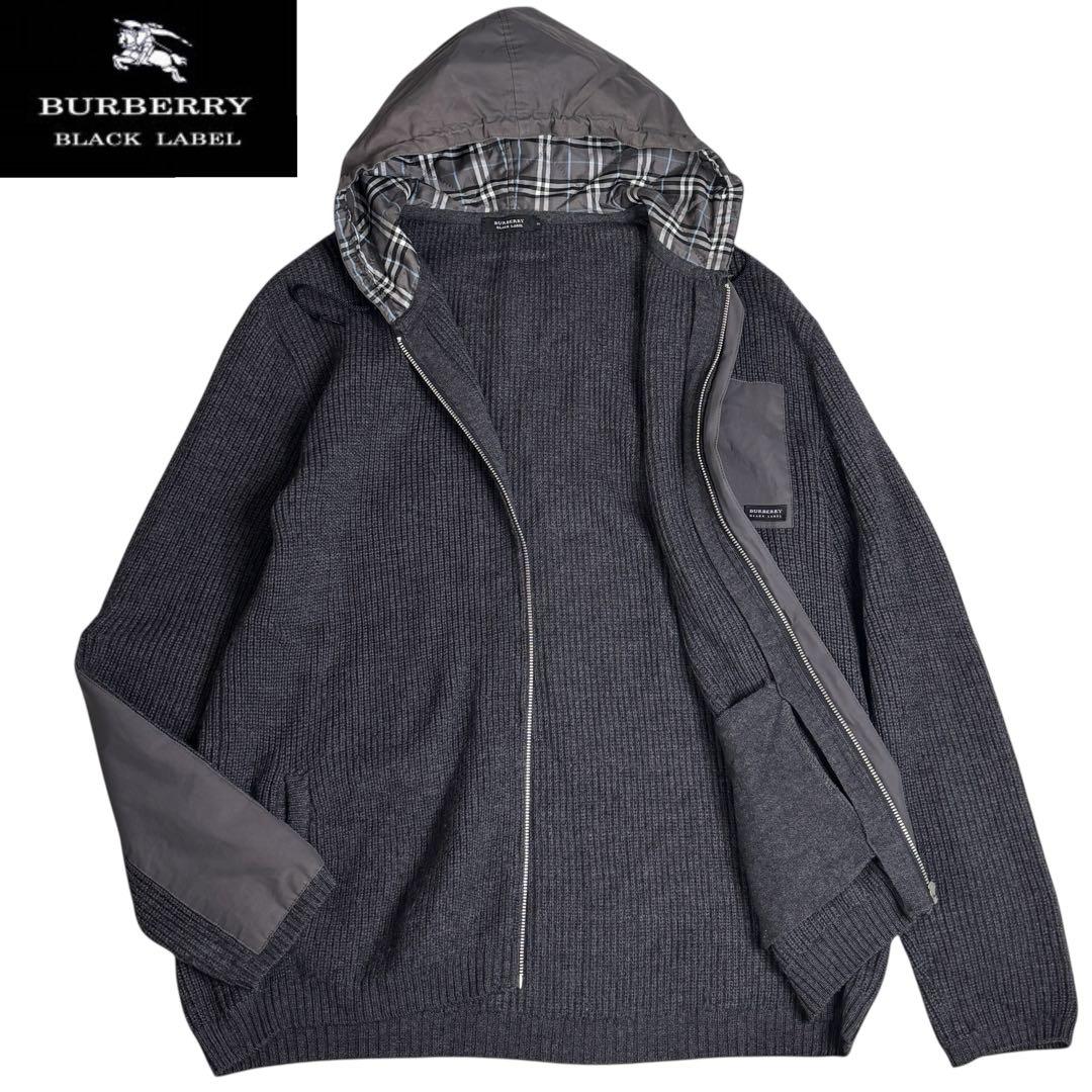 バーバリーブラックレーベル ノバチェック ニットZIPパーカージャケット　グレー