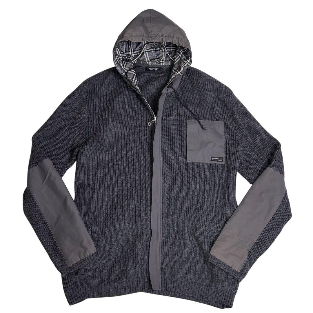 バーバリーブラックレーベル ノバチェック ニットZIPパーカージャケット　グレー