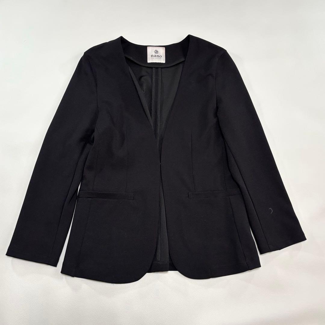 ナノユニバース パンツスーツ セットアップ Mサイズ ノーカラー 黒 洗える