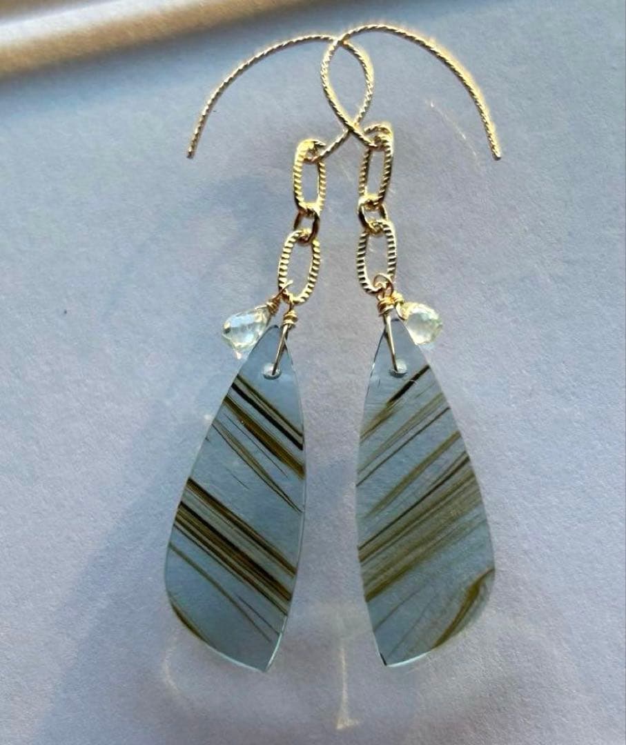 ブルーオブシディアン＆ジルコンのピアス　14kgf