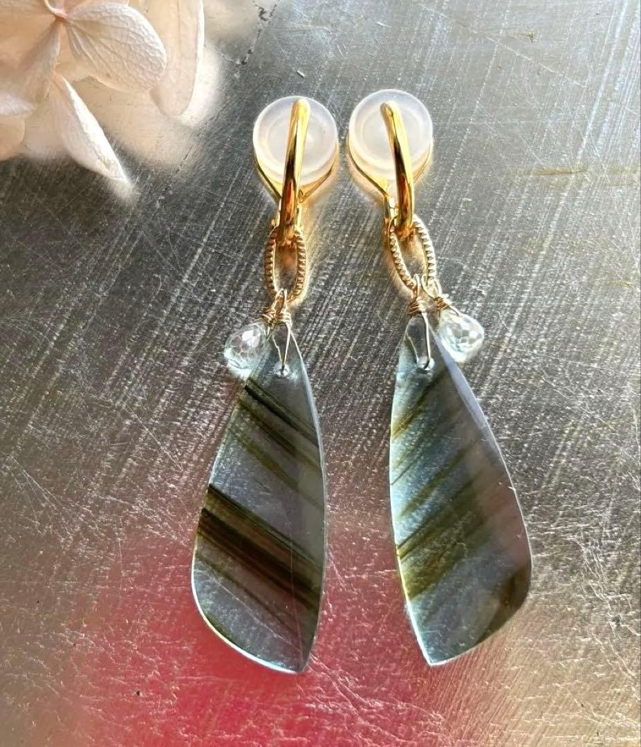 ブルーオブシディアン＆ジルコンのピアス　14kgf