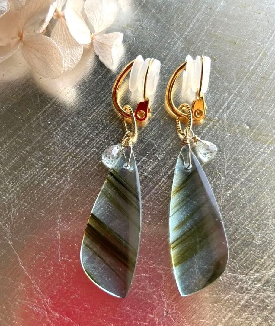 ブルーオブシディアン＆ジルコンのピアス　14kgf