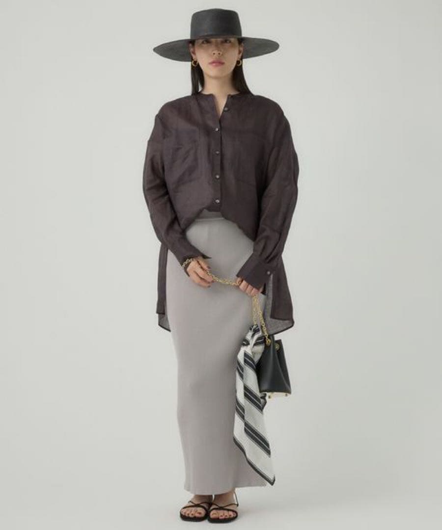 【美品】CHAOS リガーラミーバンドカラーシャツ リネン100% ブラウン