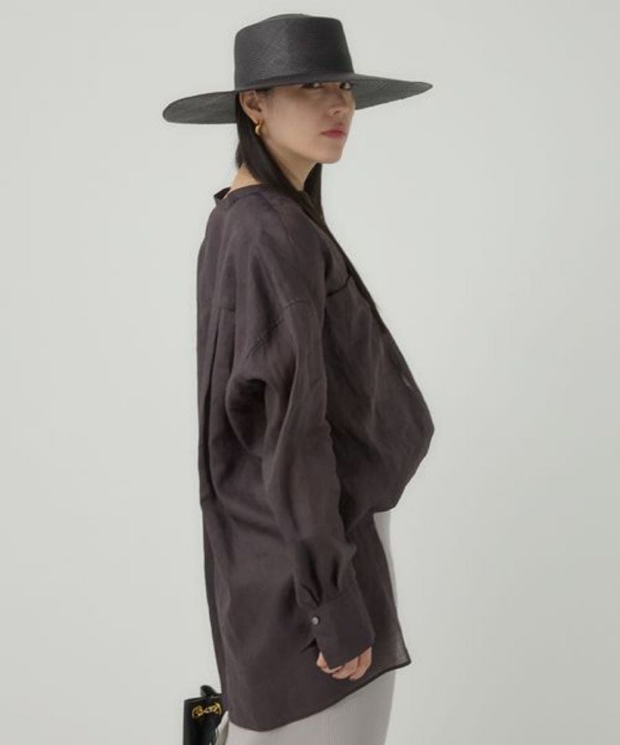 【美品】CHAOS リガーラミーバンドカラーシャツ リネン100% ブラウン