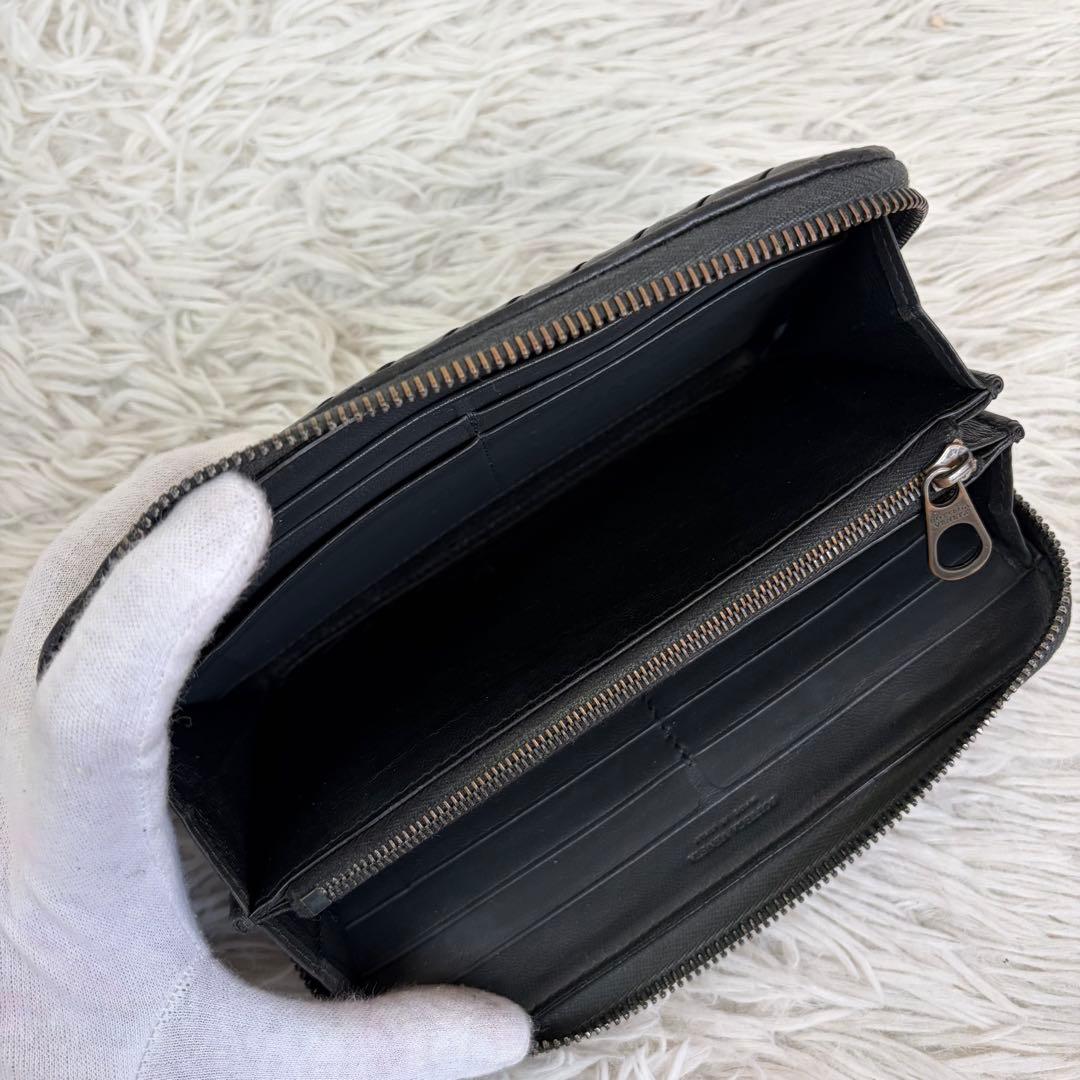 美品✨ボッテガ 長財布 ラウンド オーストリッチ ブラック/黒 イントレチャート