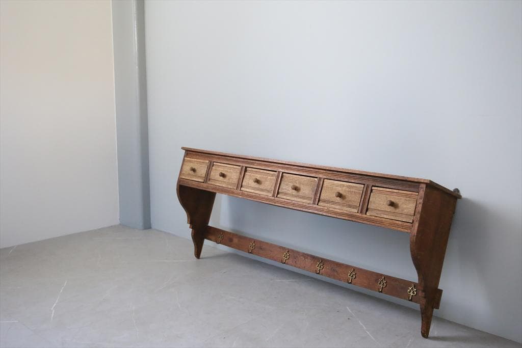 フランスアンティーク木製ウォールシェルフ/壁掛けドロワーフック飾り棚85-131