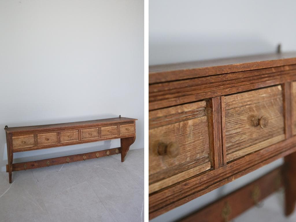 フランスアンティーク木製ウォールシェルフ/壁掛けドロワーフック飾り棚85-131