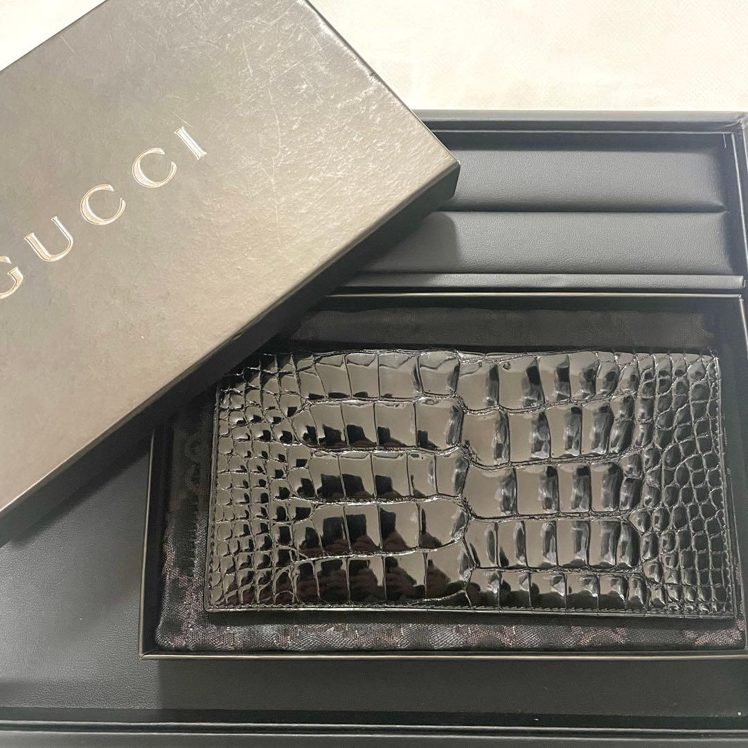 極希少グッチ　長財布　 クロコダイル シャイニーリアルクロコダイル札入れ　黒