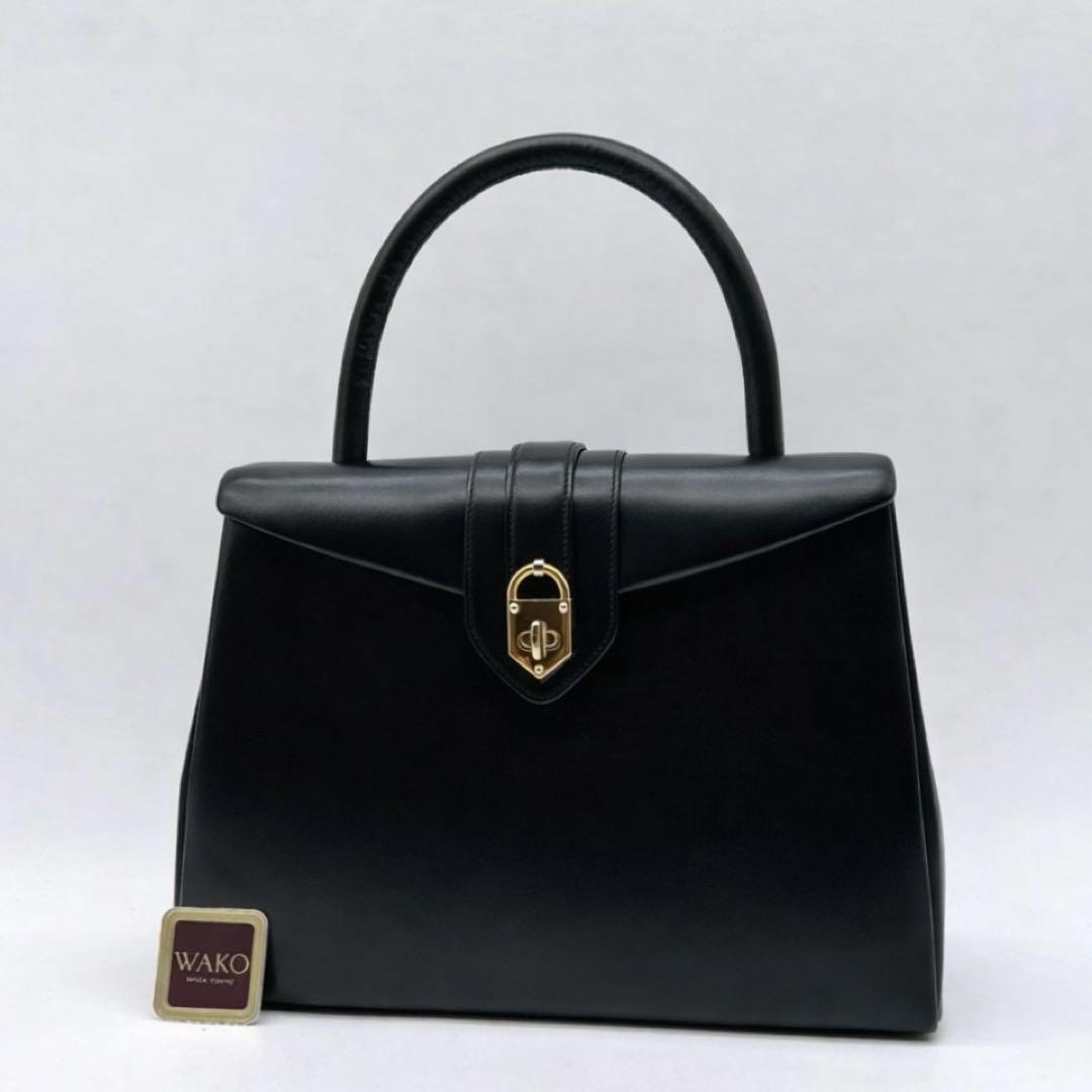 WAKO カーフレザー ターンロック金具 フォーマルバッグ ブラック f528