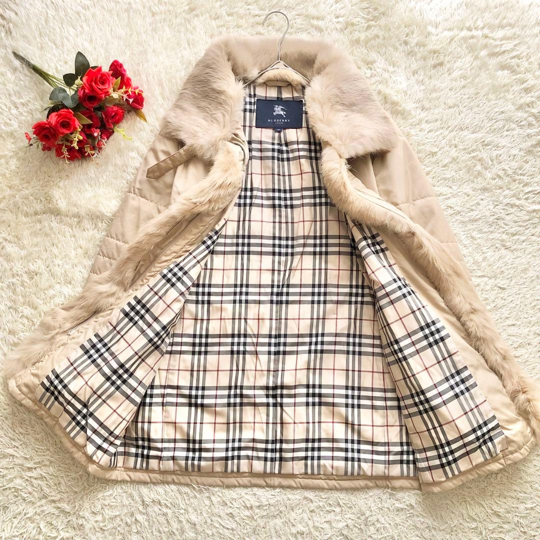BURBERRY LONDON♪毛皮ノバチェック中綿コート　M ラビット2way