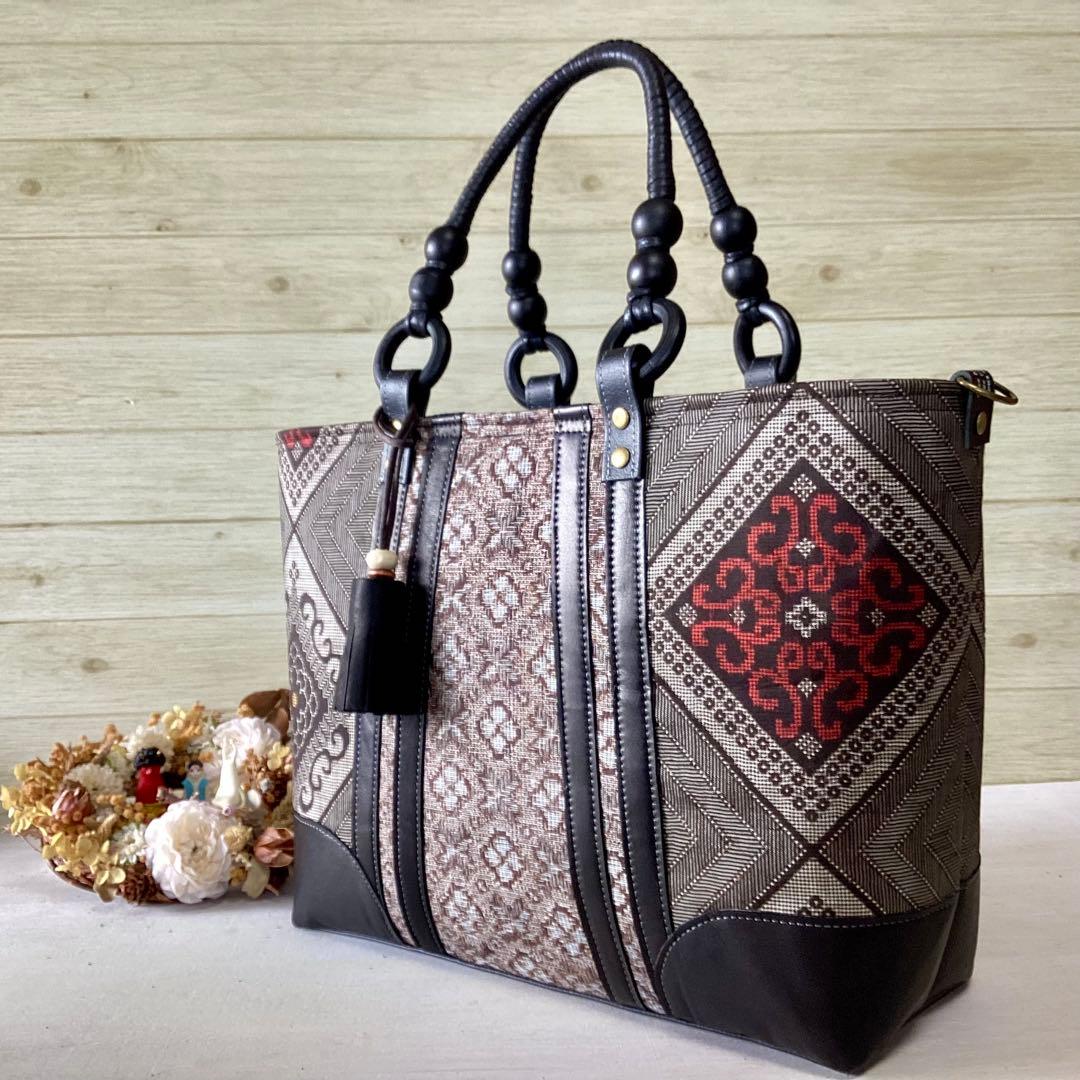 龍郷 大島紬×本革 着物リメイク トートバッグ 和装バッグ ハンドメイド A4