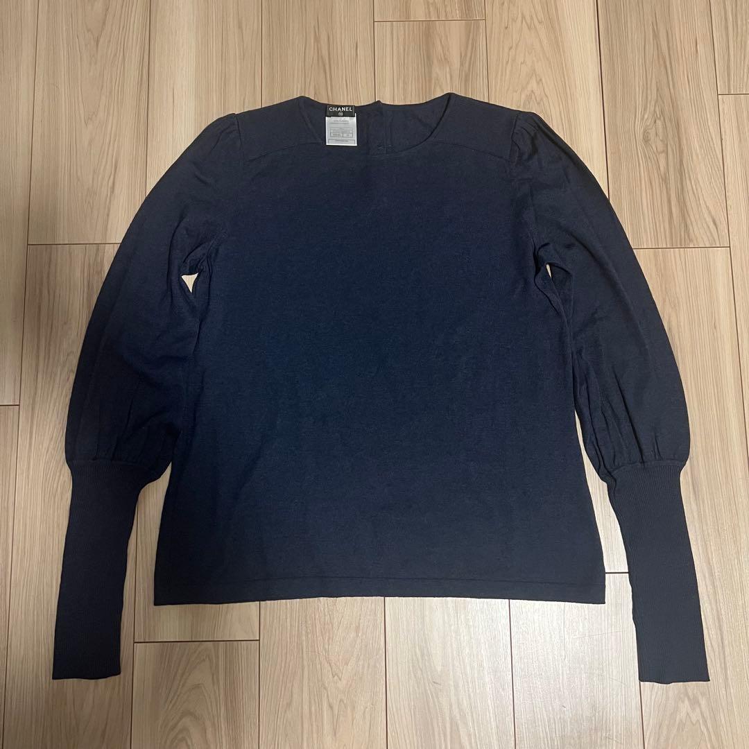 CHANEL カシミヤ シルク ココマークボタン 長袖ニット ネイビー 42XL