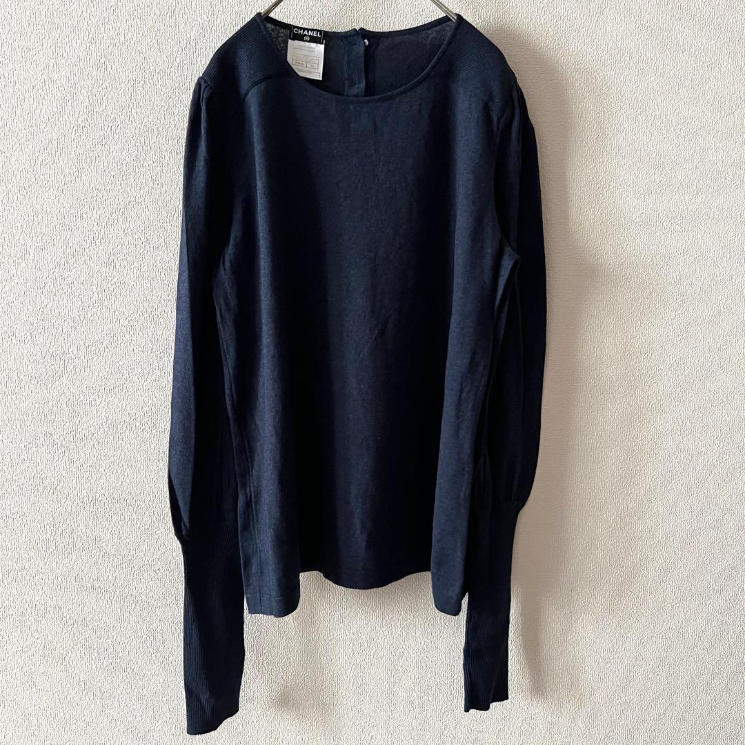 CHANEL カシミヤ シルク ココマークボタン 長袖ニット ネイビー 42XL