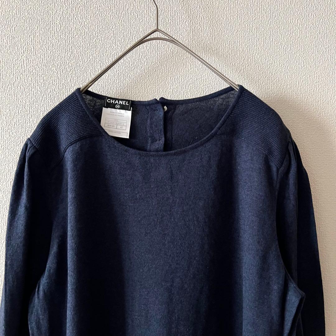 CHANEL カシミヤ シルク ココマークボタン 長袖ニット ネイビー 42XL