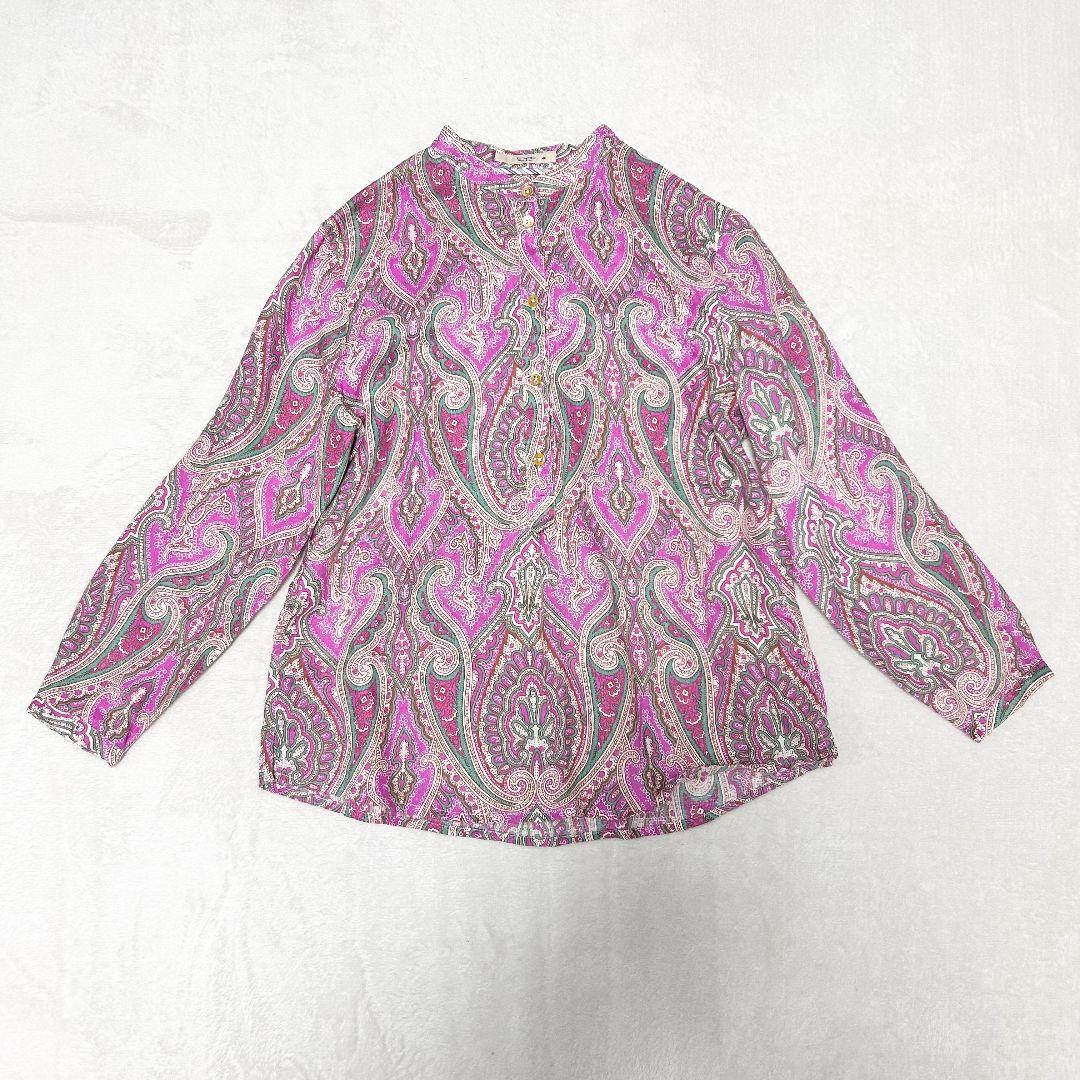 ETRO エトロ リネン 100% ペイズリー バンドカラー ブラウス 44