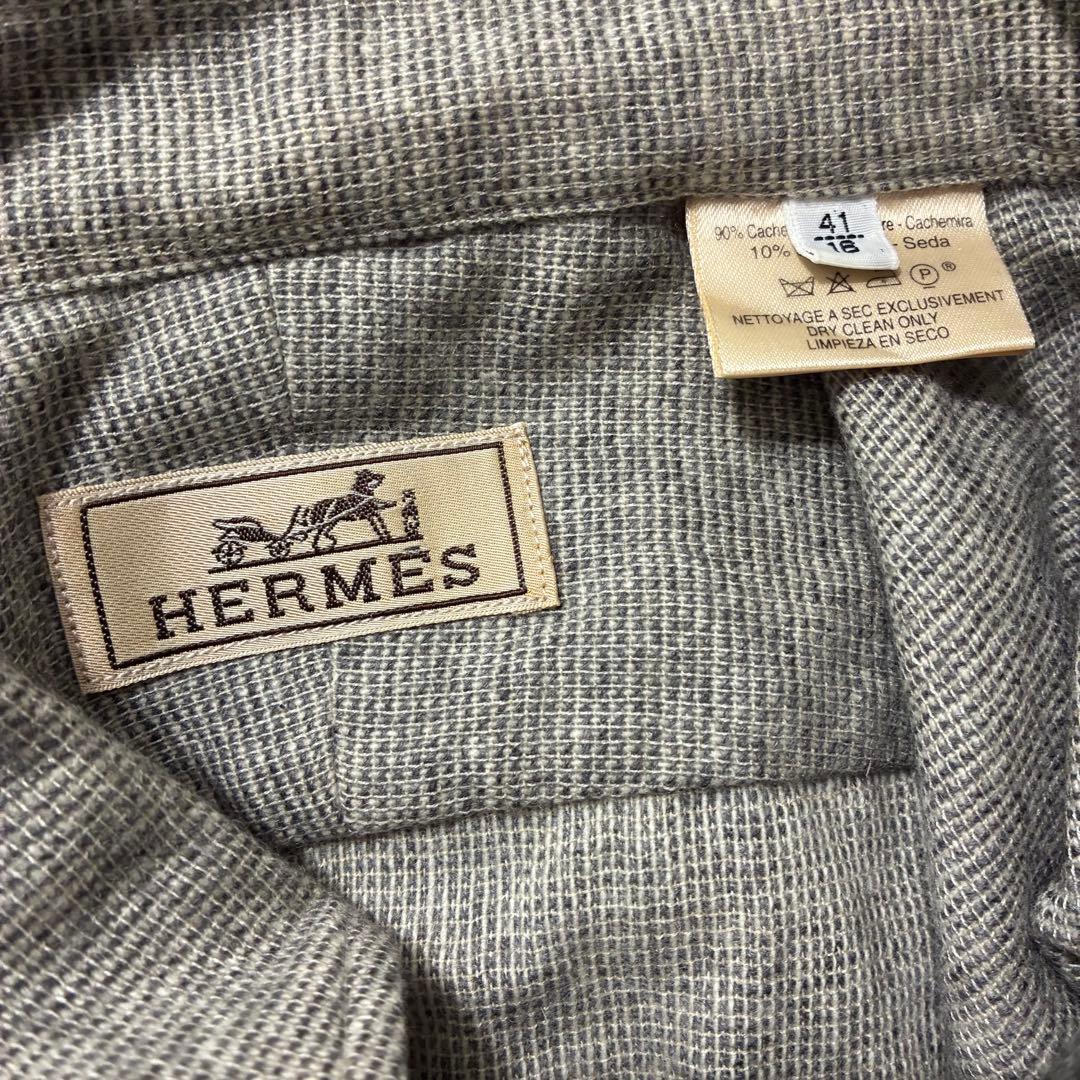 美品 HERMES エルメス セリエボタン カシミヤ×シルク ボタンダウンシャツ