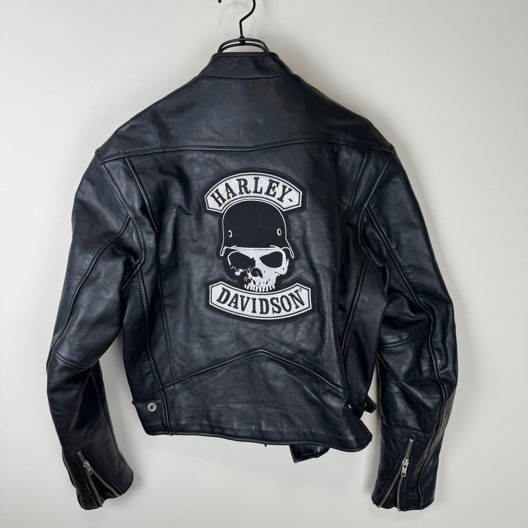 ハーレーダビッドソン　レザー　シングルライダース　スカル刺繍ワッペン　L　黒