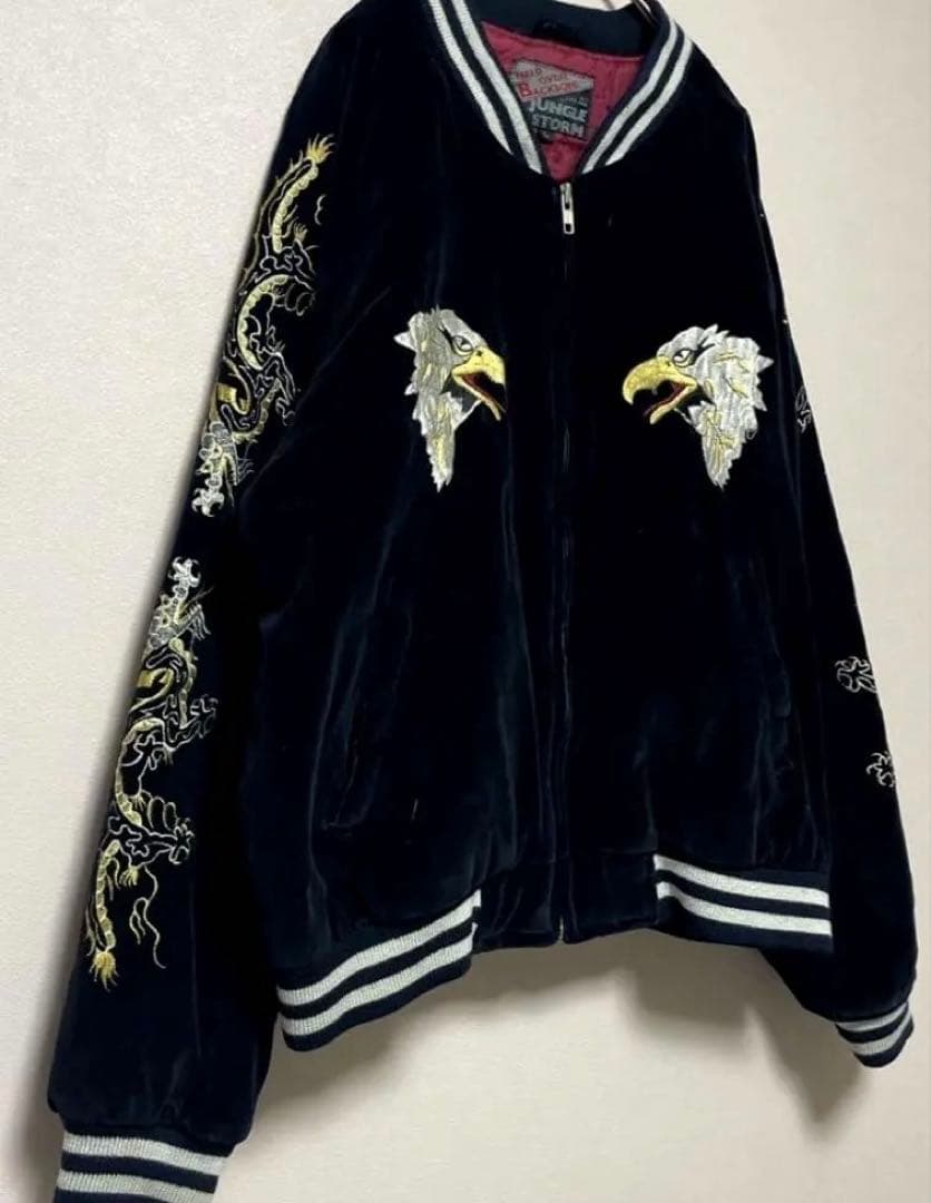 ✨JUNGLE STORMスカジャン✨Lサイズ　ベロア 刺繍　BLACK 横須賀