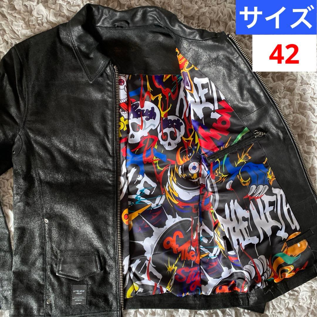 オブザネ－ジュスタイル　ホースレザー　シングルライダース　ジャケット　裏地総柄