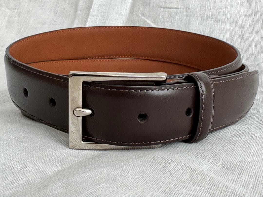 未使用美品 ブルックスブラザーズ イタリア製 本革ドレスベルト 茶色/銀 38