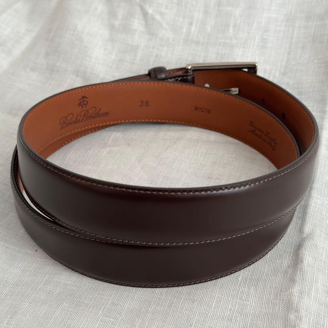 未使用美品 ブルックスブラザーズ イタリア製 本革ドレスベルト 茶色/銀 38