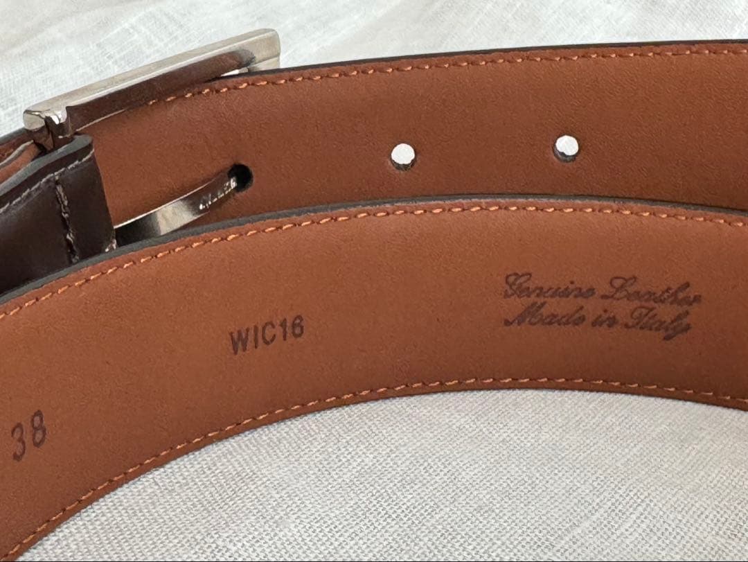 未使用美品 ブルックスブラザーズ イタリア製 本革ドレスベルト 茶色/銀 38