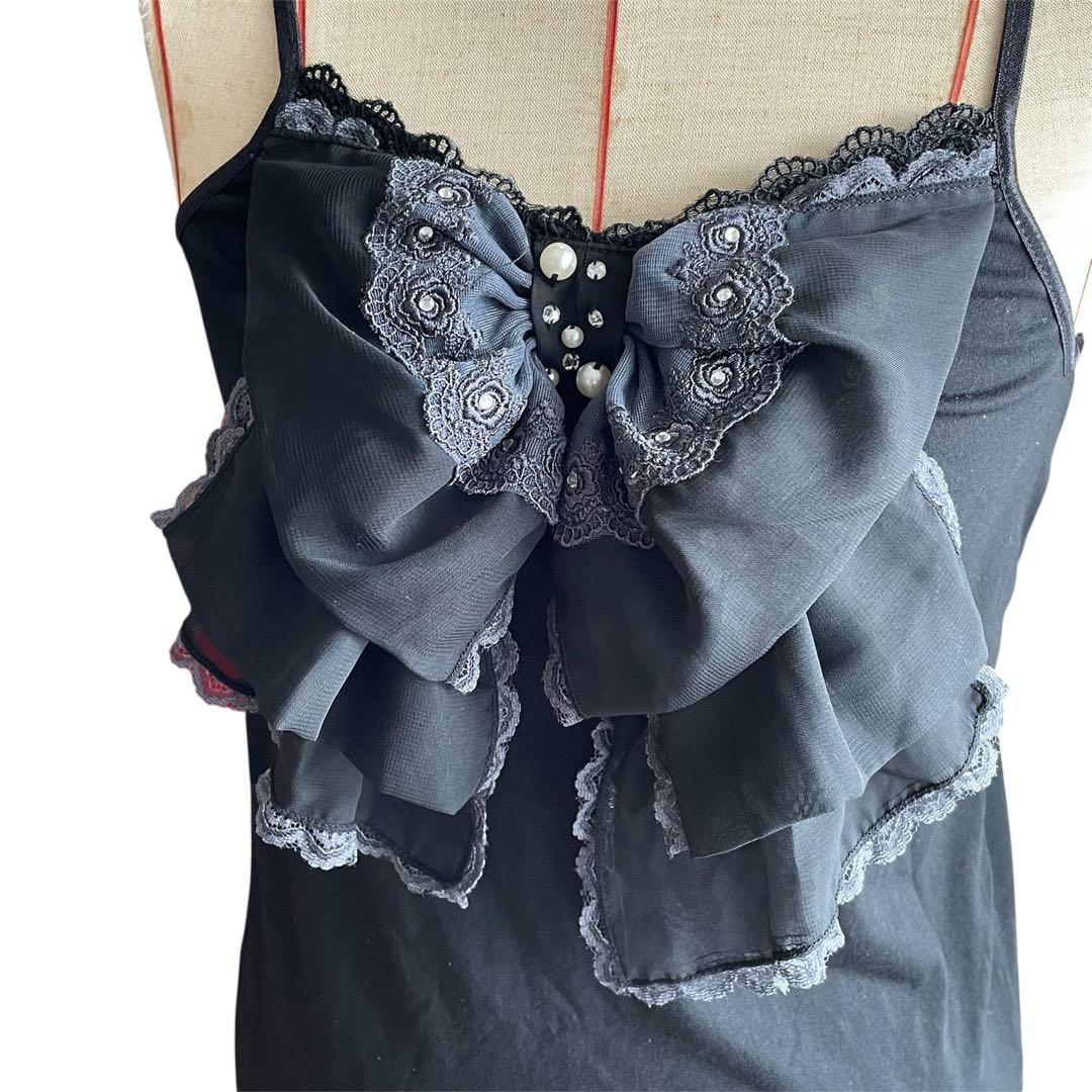 アクシーズファム　 ビッグリボンキャミソール レース　フリル　ビジュー　黒