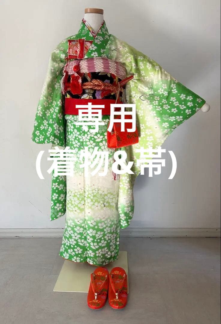 7歳　七五三　正絹着物　帯　帯揚げ　帯締め　しごき　はこせこ扇子バッグ草履セット