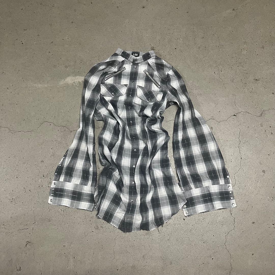 トップス LGB Distressed Long Plaid Zip shirt